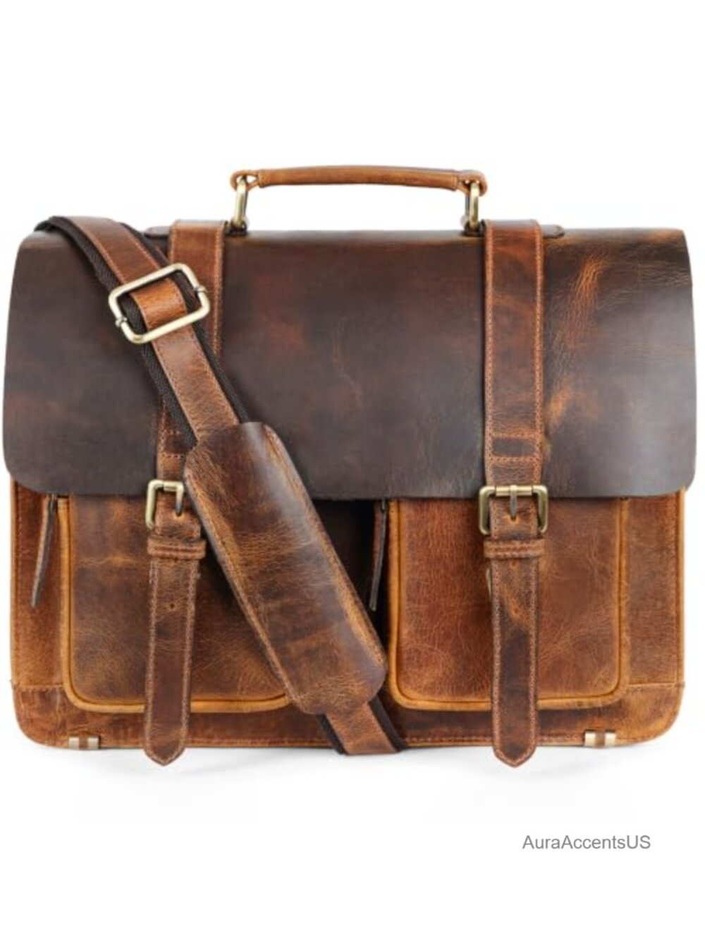 Full-Grain Leather Messenger Bag Crossbody Briefcase Fits 15in Laptop
